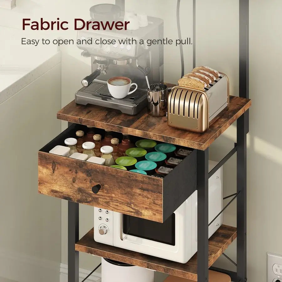 Rack with Drawer, Microwave Stand with Power Outlet, Coffee Bar Station with 4 Hooks, Kitchen Storage Shelf Rack 4 Tiers, for Kitchen