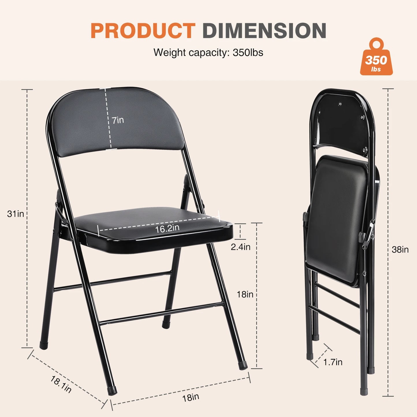 JHK Leather Padded Folding Chair 4 Pack, Sturdy Metal Living Room Dinner Chairs, Easy to Use Storage Outdoor, Home, Office