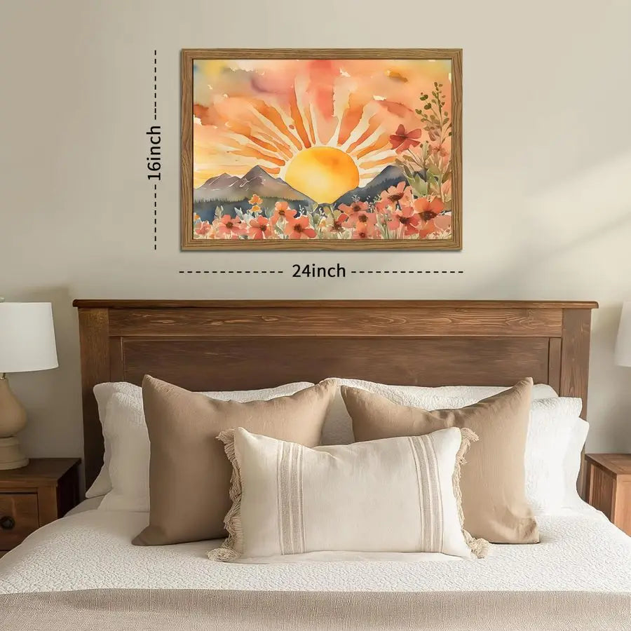 Sunset Boho Wall Art for Living Room Modern Abstract Floral Canvas Picture Boho Wall Decor, Sun Landscape Aesthetic Painting Pos