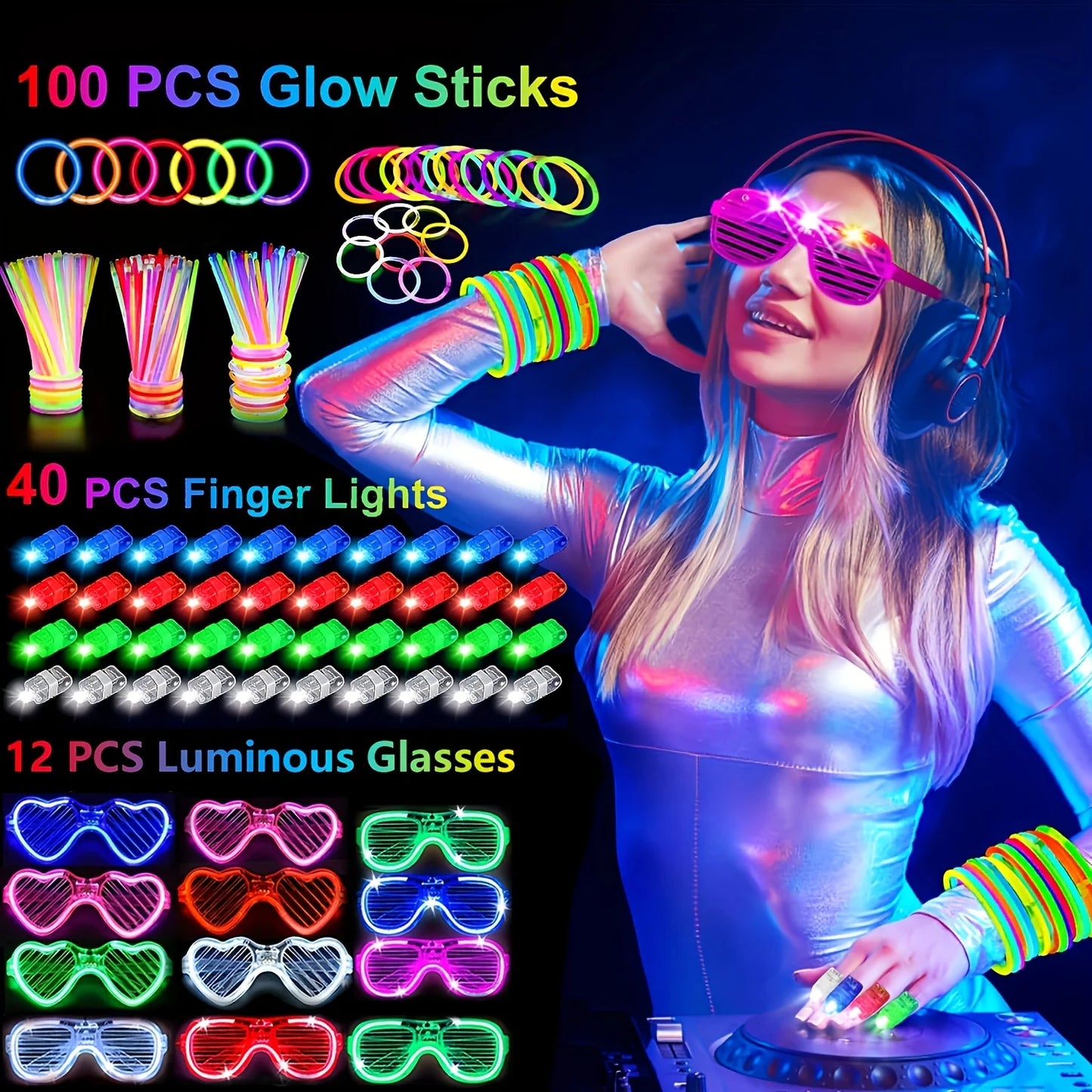 168Pcs Glow Stick Party Set, 12 Glow Glasses, 16 Foam Glow Sticks, 40 Finger Lights, 98 Glow Sticks, Suitable for Halloween, Christmas, Weddings, Birthdays, Holiday Decorations