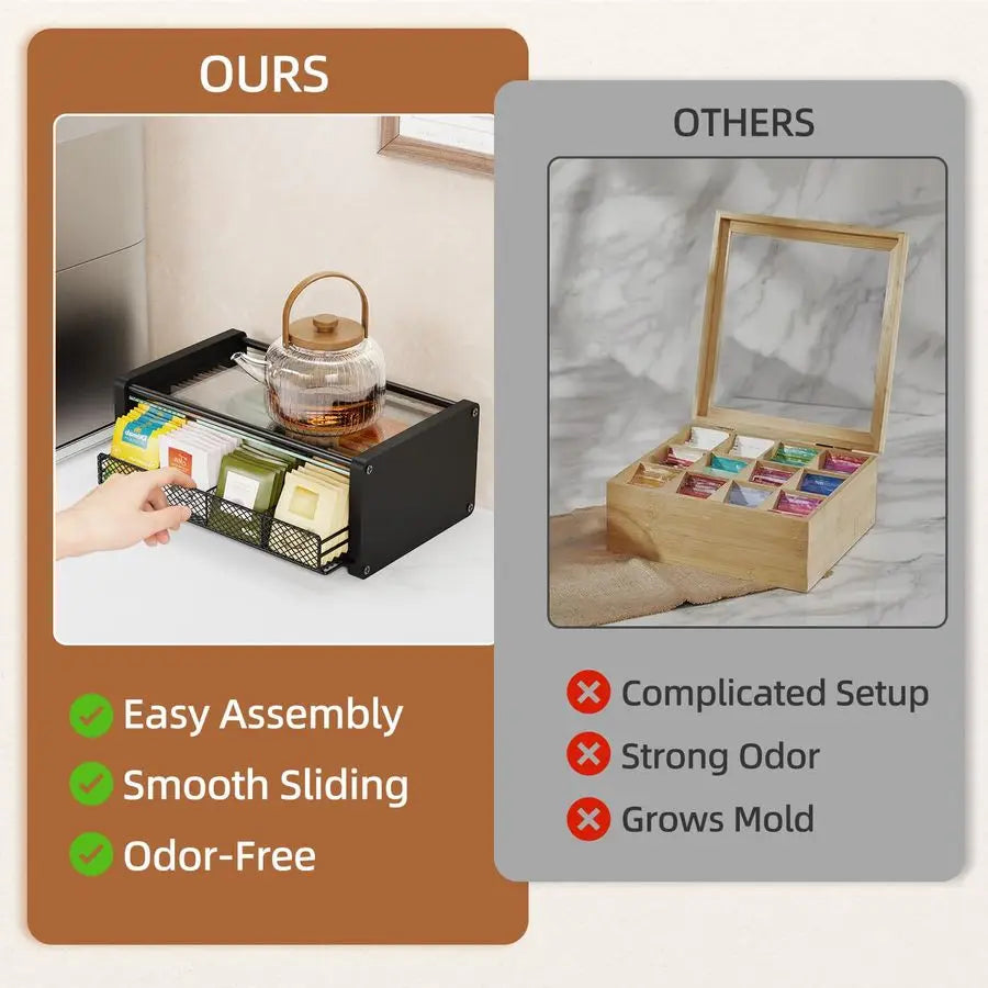 Tea Organizer and Storage with Drawers, Divided Compartments Storage, Kitchen Organizers