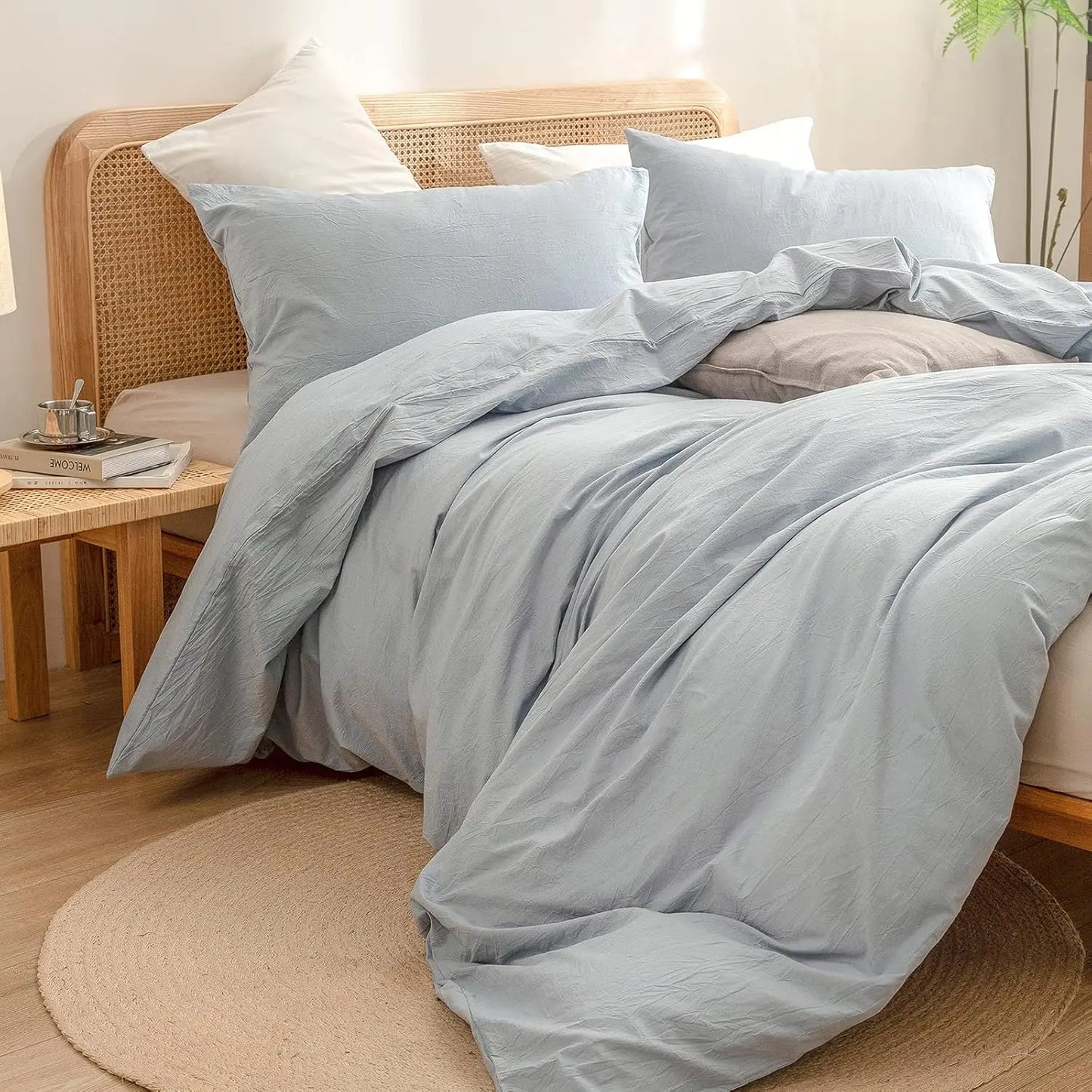 100% Washed Cotton Duvet Cover Set Super Soft Lightweight 3 PCs Queen Size Cornflower Blue