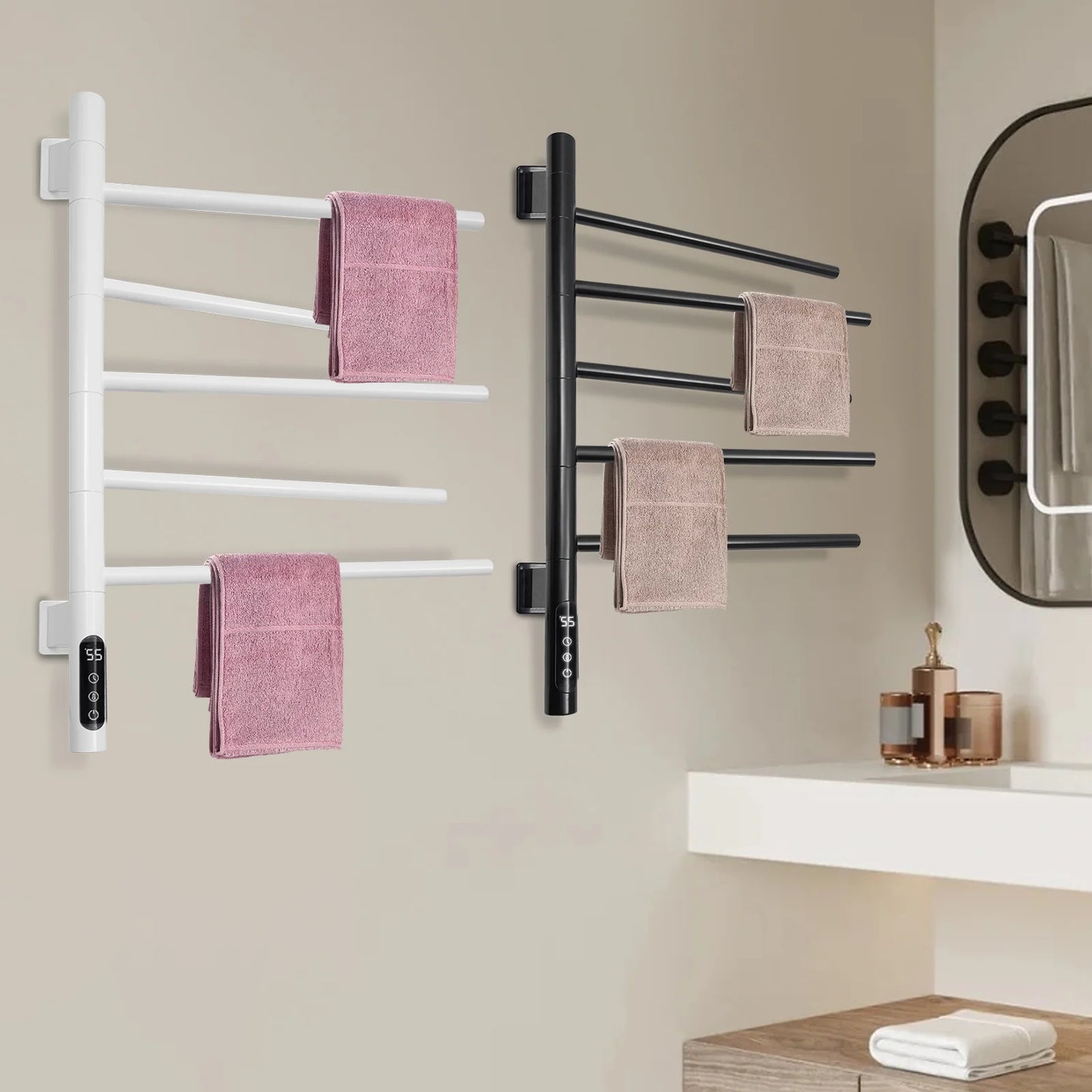 180° Rotation Bathroom Electric Towel Rack Wall Mounted Smart Home Heated Towel Bar with LED Display IPX5