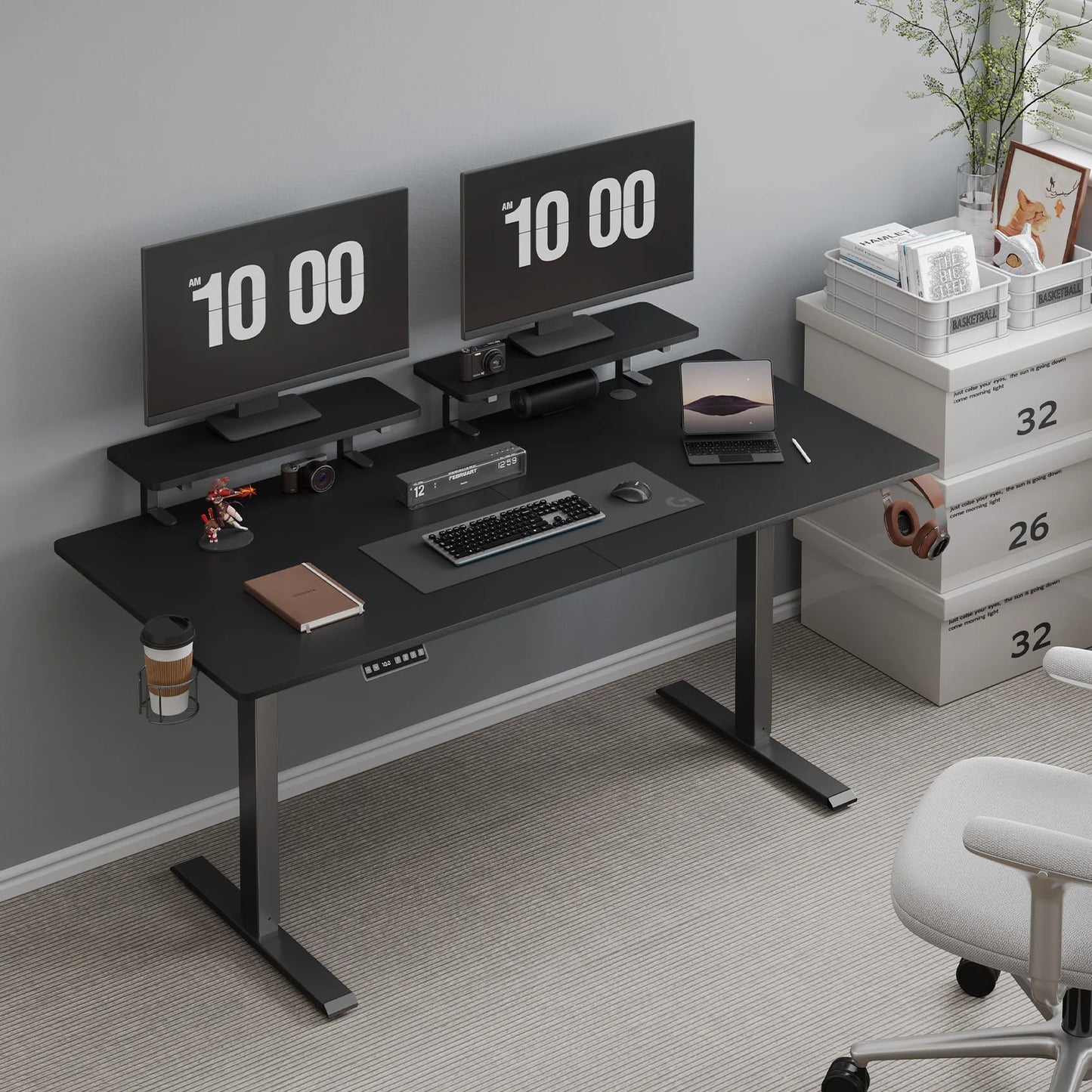 Standing Desk w/ 2 Adjustable Monitor Shelves, Electric Stand Up Desk with Memory Controller & Adjustable Height