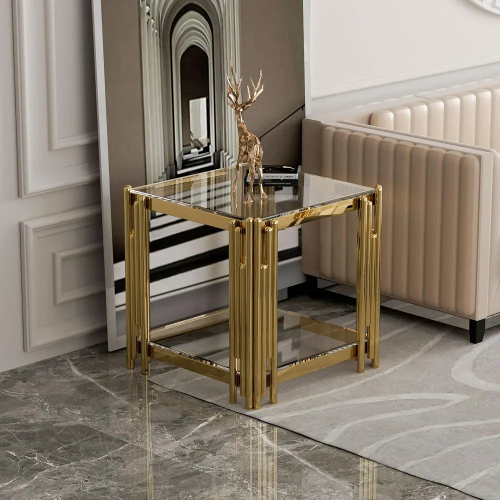 Modern Stainless Steel Leg Square Clear Tempered Glass End Table for Living Room and Sofa Side