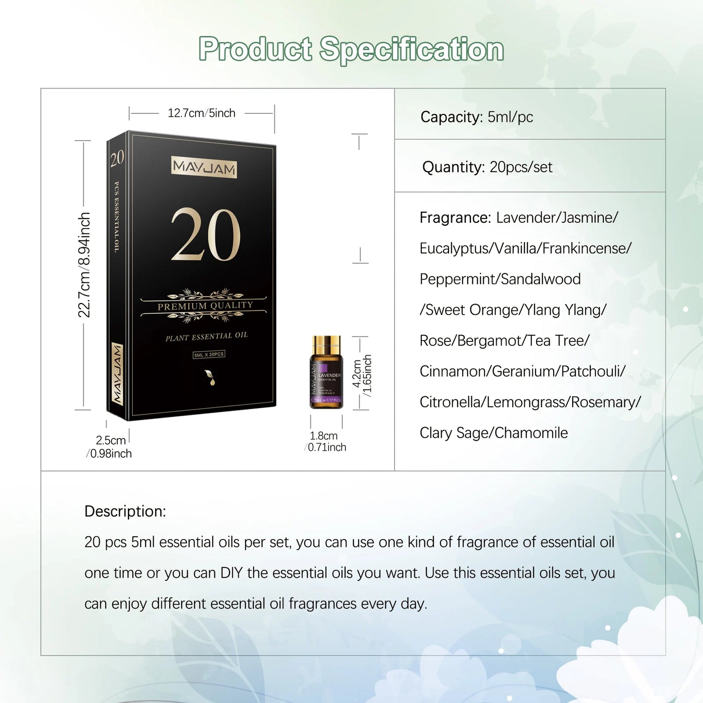 MAYJAM 20 Bottles Essential Oils Kit Set Lavender, Jasmine, Eucalyptus, Vanilla, Sandalwood, Sweet Orange, Geranium, Patchouli
