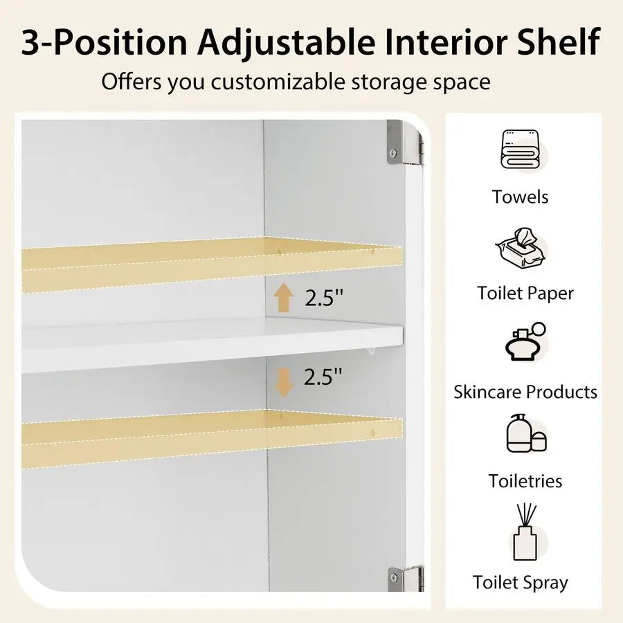 Over The Toilet Storage Cabinet, Home Bathroom Space Saver Organizer Above Toilet, Double Doors and Adjustable Shelf