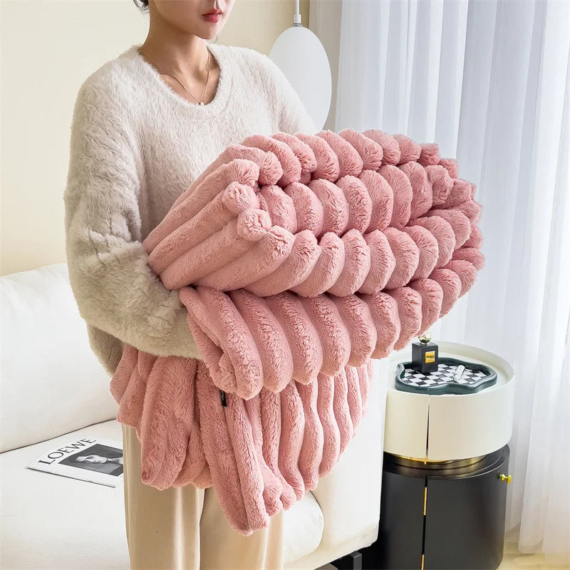 Light luxury Solid Color Multifunctional Rabbit Velvet Blanket, Winter Thick Warm Flannel Used For Bedroom, Living Room