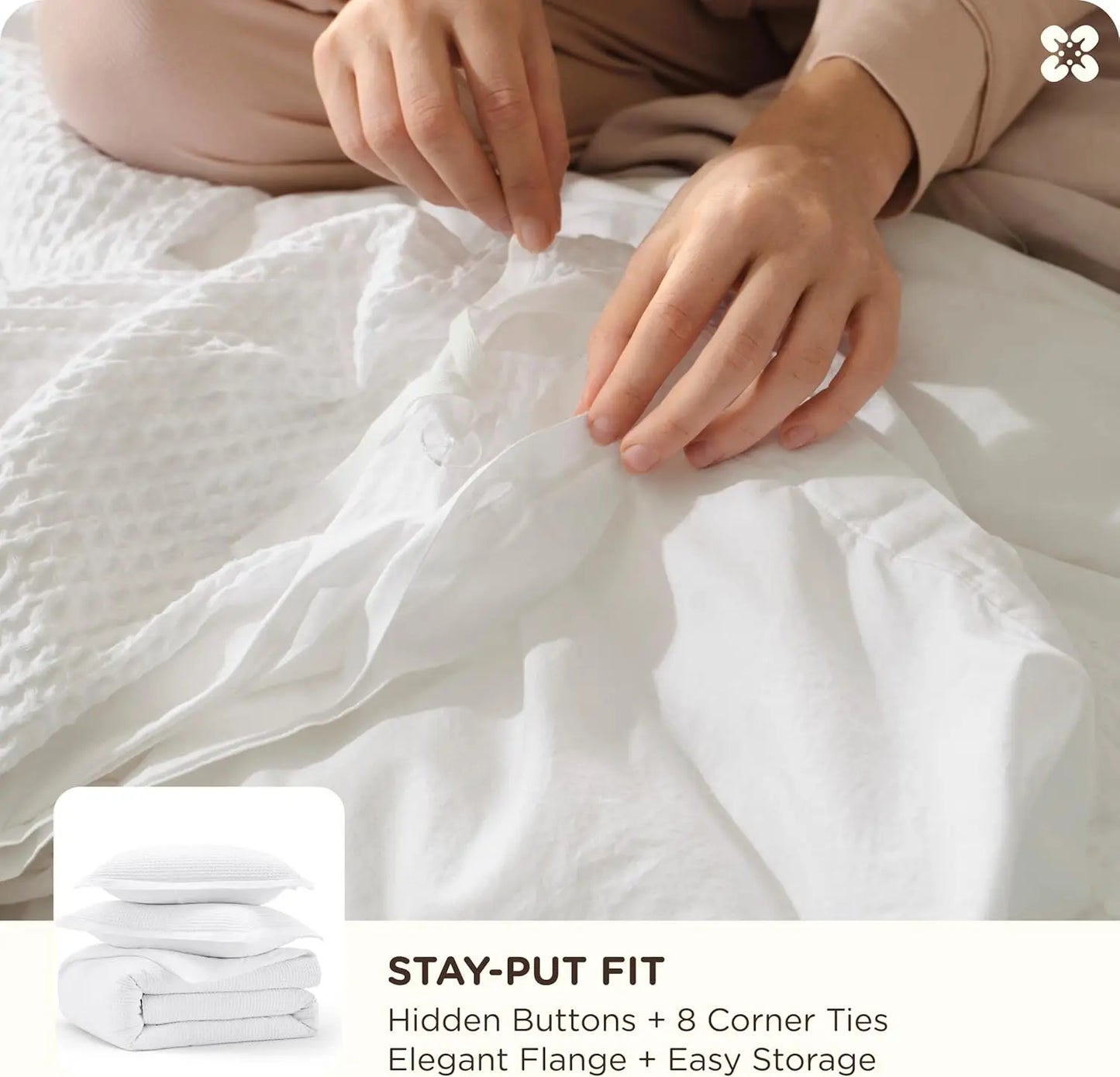 King Size Cotton Waffle Weave Duvet Cover Set - 100% Cotton, Breathable & Soft for All Seasons, 3 Pieces