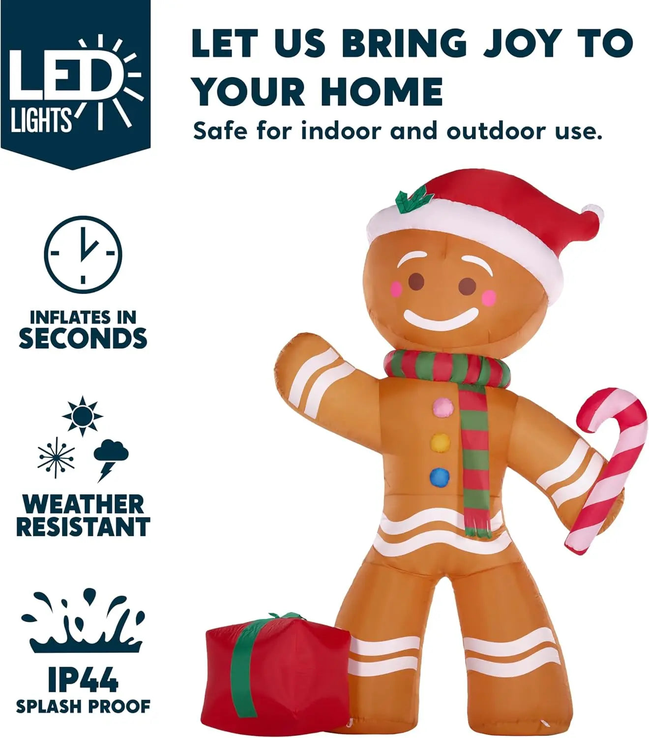 JOYFY 8 FT Christmas Inflatable Gingerbread Man with Candy Cane with Build-in LEDs for Xams Party Outdoor Décor