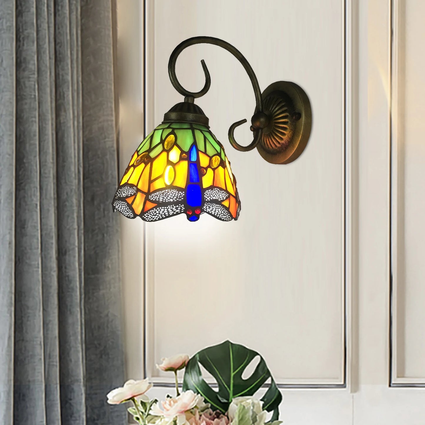 Stained Glass Wall Light, Retro Dragonfly Design With E27 Bulb Holder, Iron & Multicolor Glass Sconce For Bedroom
