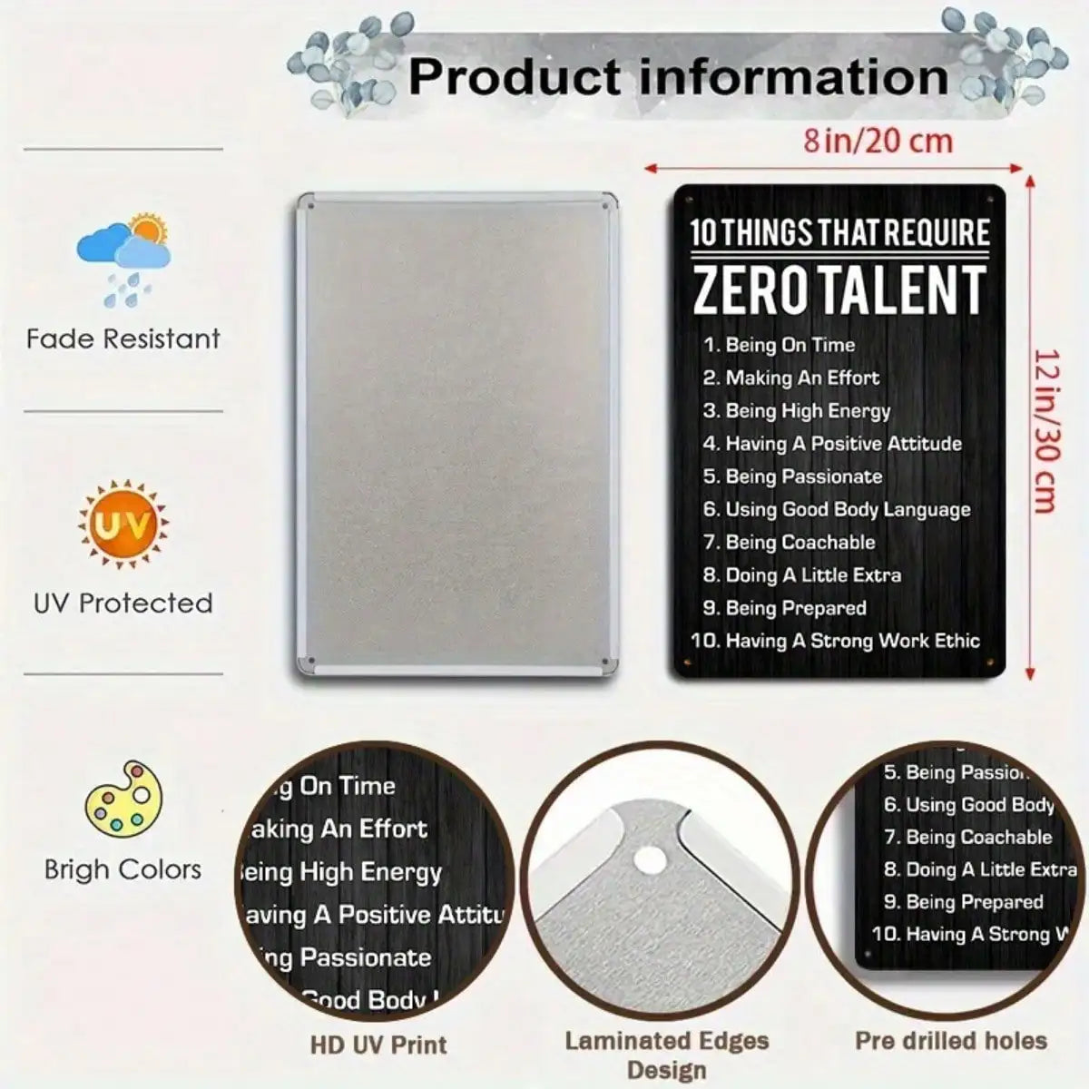 1PC Tin Sign Zero Talent List - Motivational Quote Wall Art, Funny Office/Home Decor, 8x12 Inches