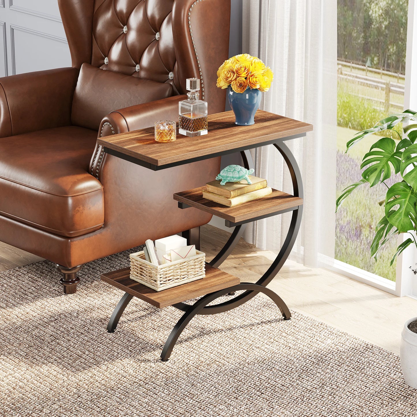Tribesigns C-Shaped End Table, Industrial 3-Tier Small Table for Couch, Wood Bedside Table Snack Table with Storage Shelves