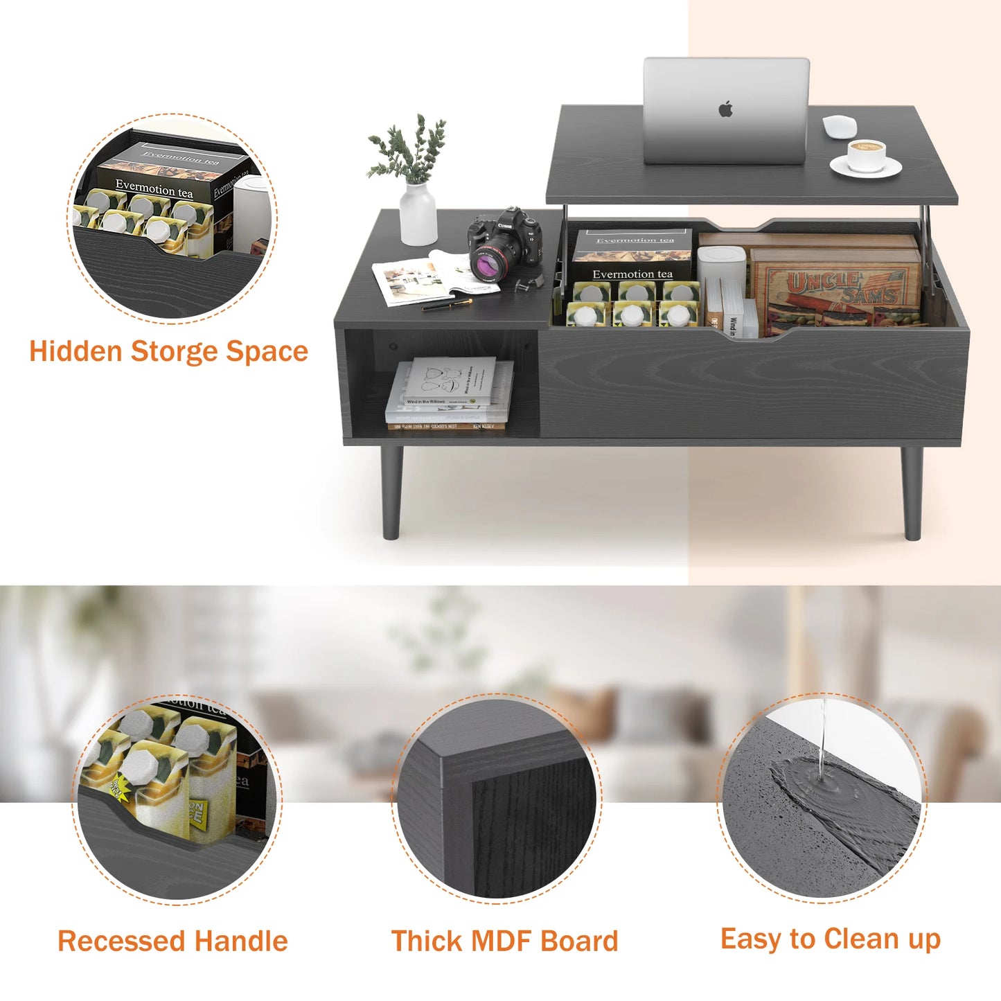 Lift Top Coffee Tables For Living Room 39.37"x19.7" Desk Tea Wood Dining Tables Adjustable Storage Shelf Easy Lift Or Lower