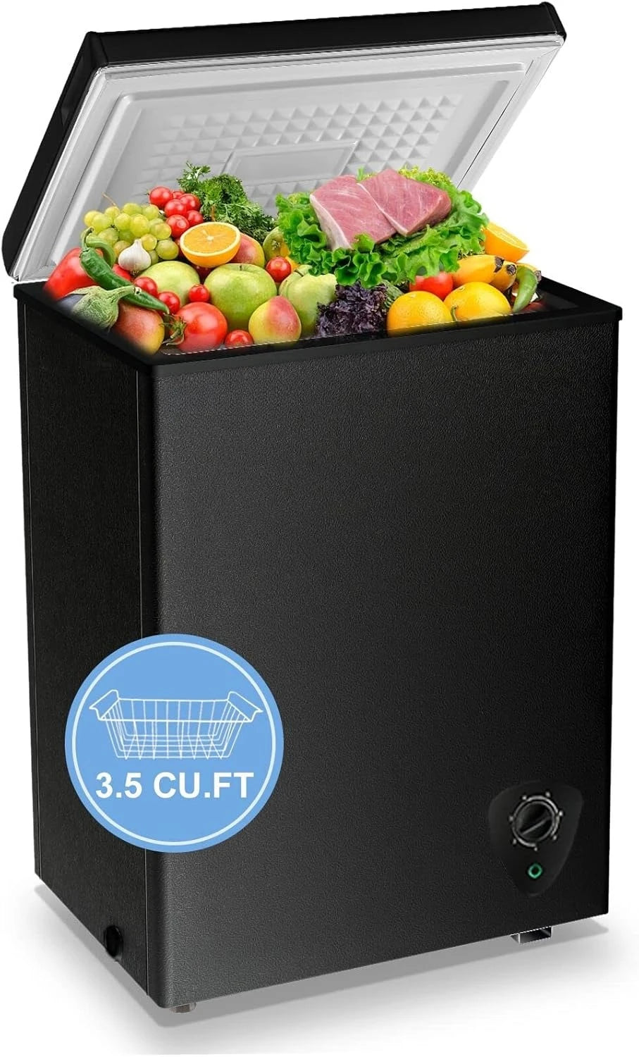 Small Freezer Black Deep Freezers 3.5 Cu.Ft Compact Free-Standing Top Door Adjustable 7 Thermostat and Removable Basket
