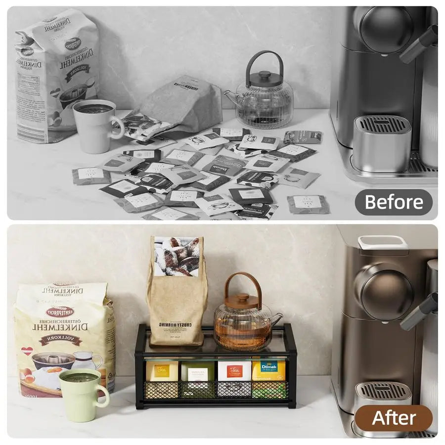 Tea Organizer and Storage with Drawers, Divided Compartments Storage, Kitchen Organizers