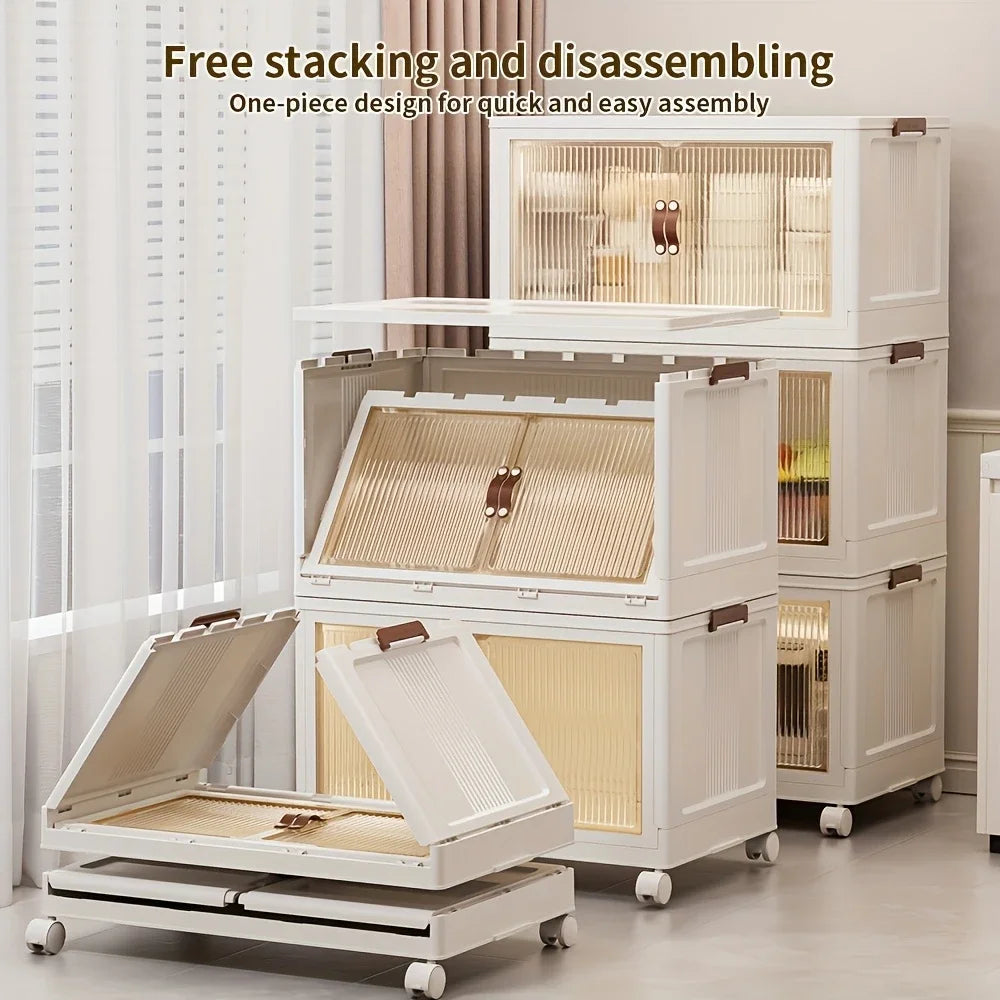 Foldable Storage Cabinet with 2/4 Layers, Large Double-Opening Multi-Functional Storage Box with Lid and Wheels, Suitable for Clothes, Toys, Books, Suitable for Kitchen, Bedroom, Playroom, Closet Organization and Storage