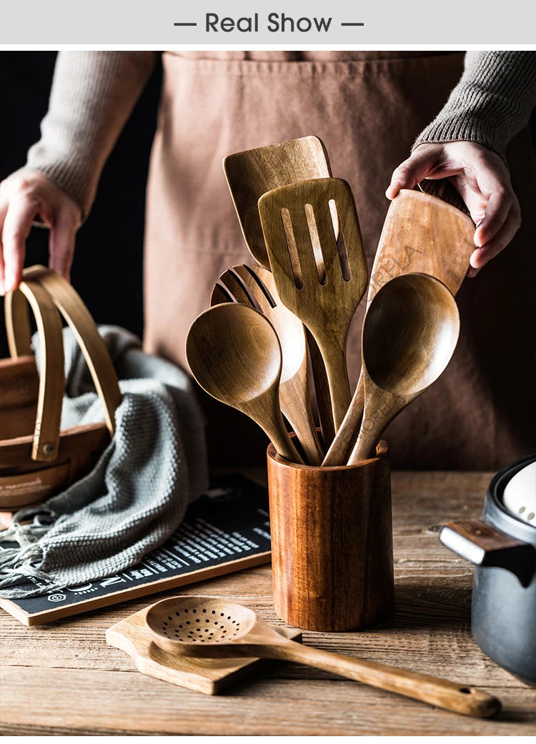 9 PCS Wooden Spoons For Cooking, Wooden Utensils For Cooking With Utensils Holder, Teak Wooden Kitchen Utensils Set