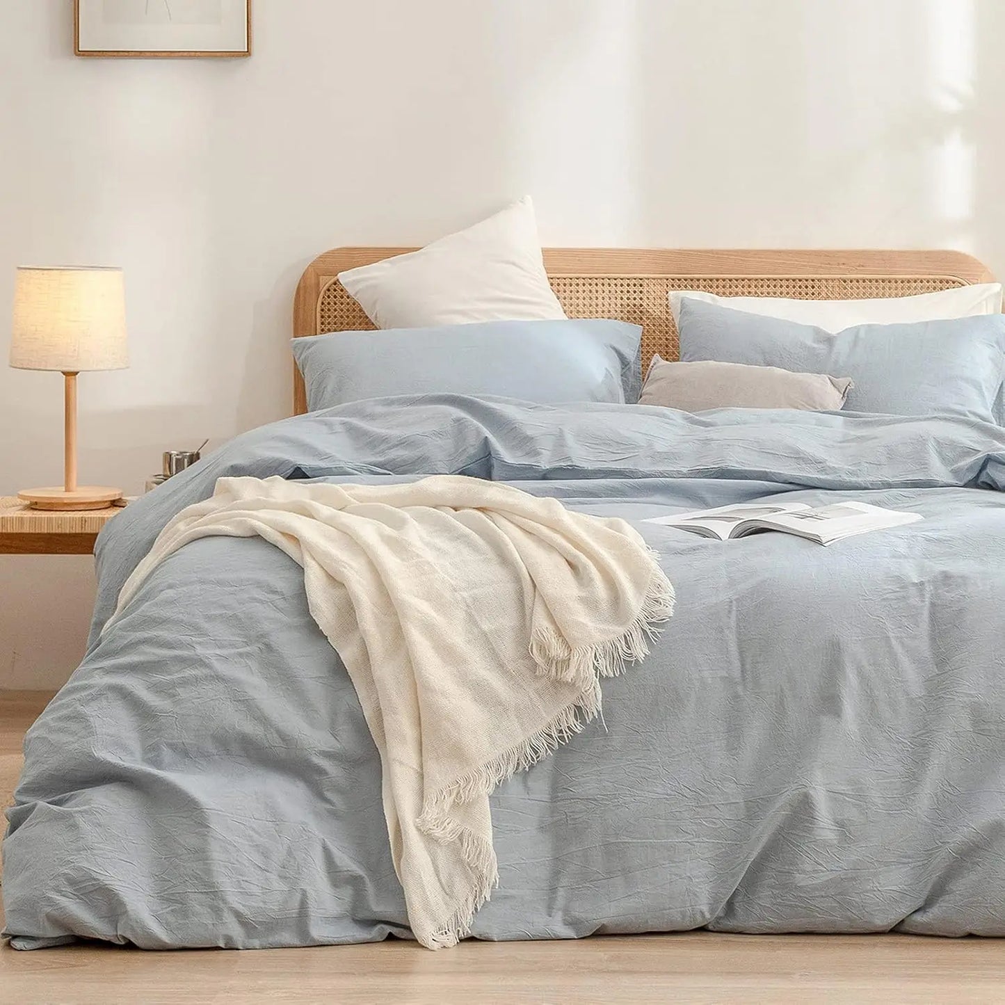 100% Washed Cotton Duvet Cover Set Super Soft Lightweight 3 PCs Queen Size Cornflower Blue