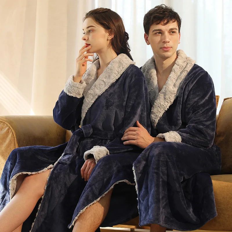 Men's Cozy Long-Sleeve Shawl Collar Home Loungewe Couple's Matching Brushed Flannel Robe Set Warm Sleepwear for Winter Nights