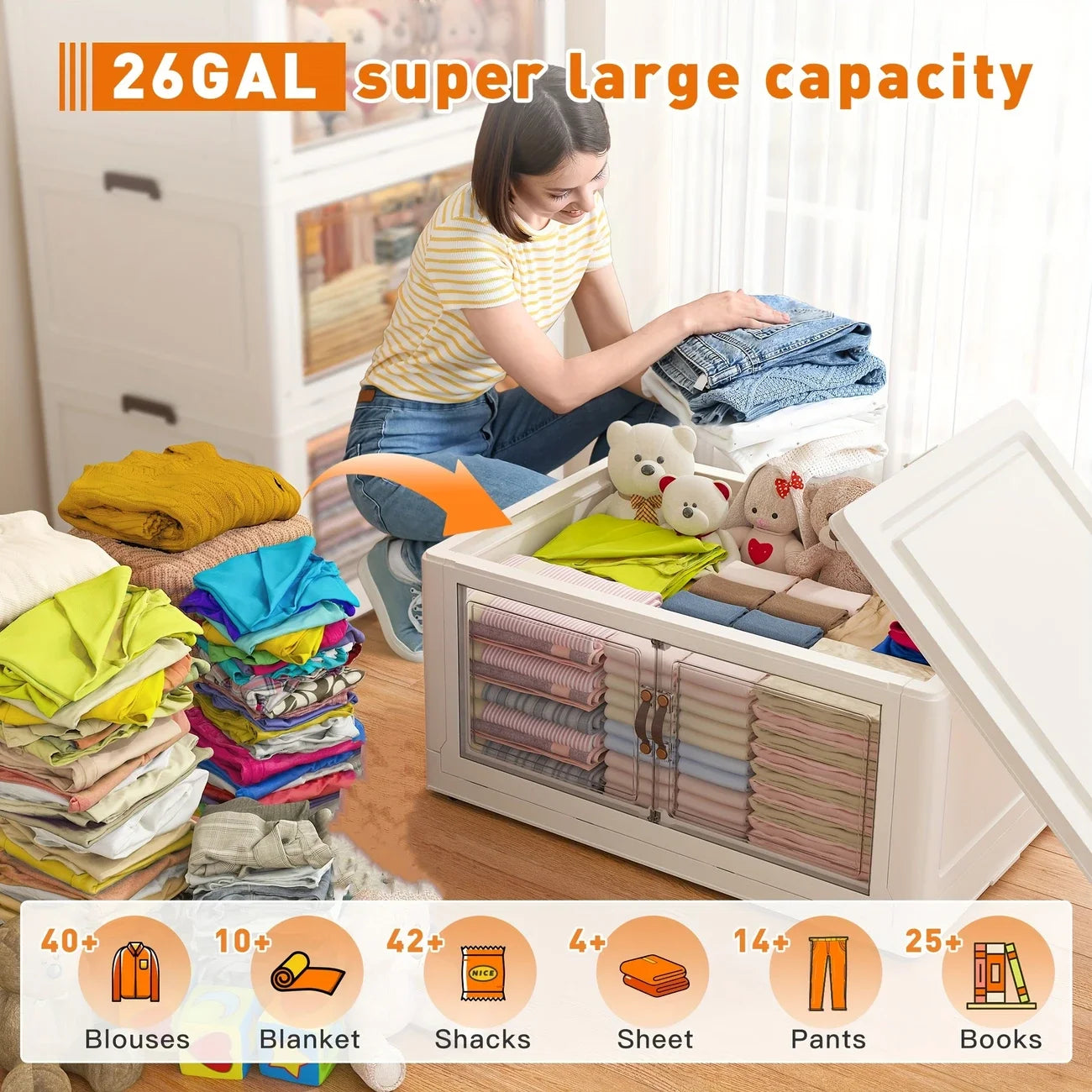 Foldable Storage Cabinet with 2/4 Layers, Large Double-Opening Multi-Functional Storage Box with Lid and Wheels, Suitable for Clothes, Toys, Books, Suitable for Kitchen, Bedroom, Playroom, Closet Organization and Storage