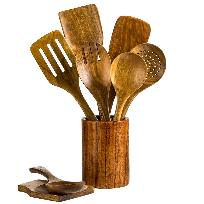 9 PCS Wooden Spoons For Cooking, Wooden Utensils For Cooking With Utensils Holder, Teak Wooden Kitchen Utensils Set