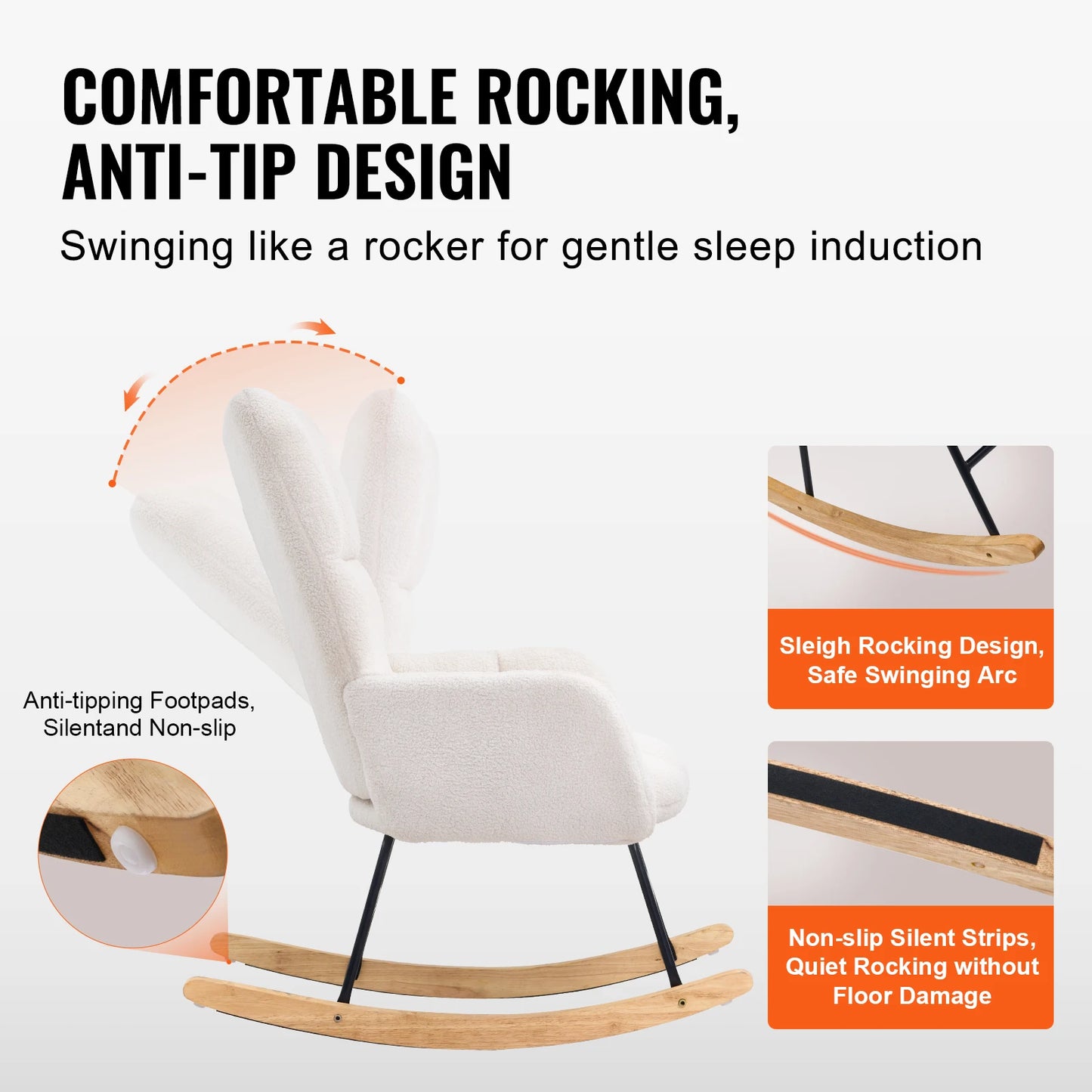 VEVOR Rocking Chair Nursery Glider 250 lbs Weight Capacity Upholstered Glider Rocker Chair for Nursery Bedroom Living Room Home