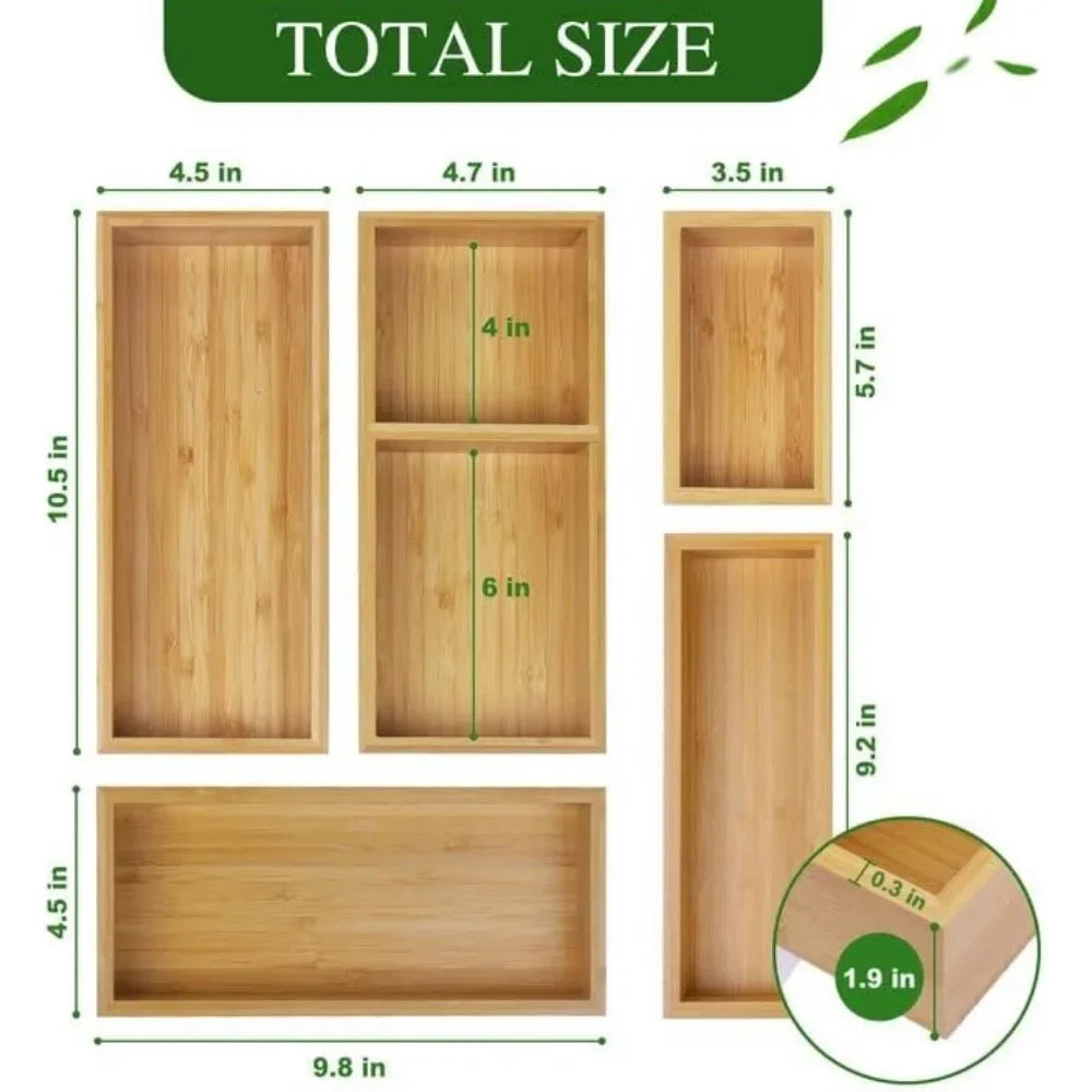 Bamboo drawer organizer Group, 5 multi-purpose personal wood storage organizers, trash drawer dividers