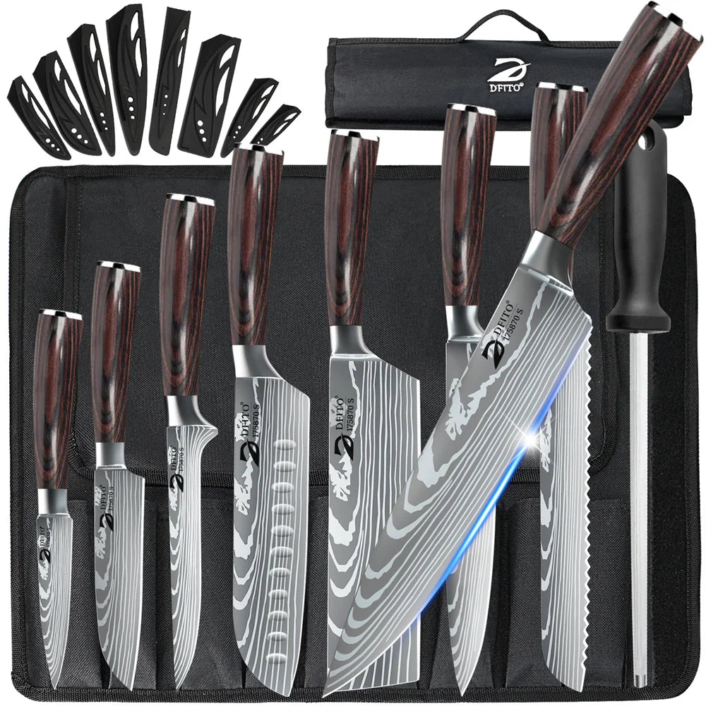 MDHAND 8pcs Kitchen Knife Damascus Stainless Steel Chef Knife Utility Paring Boning Cleaver Slicing Santoku Knives Nylon Bag