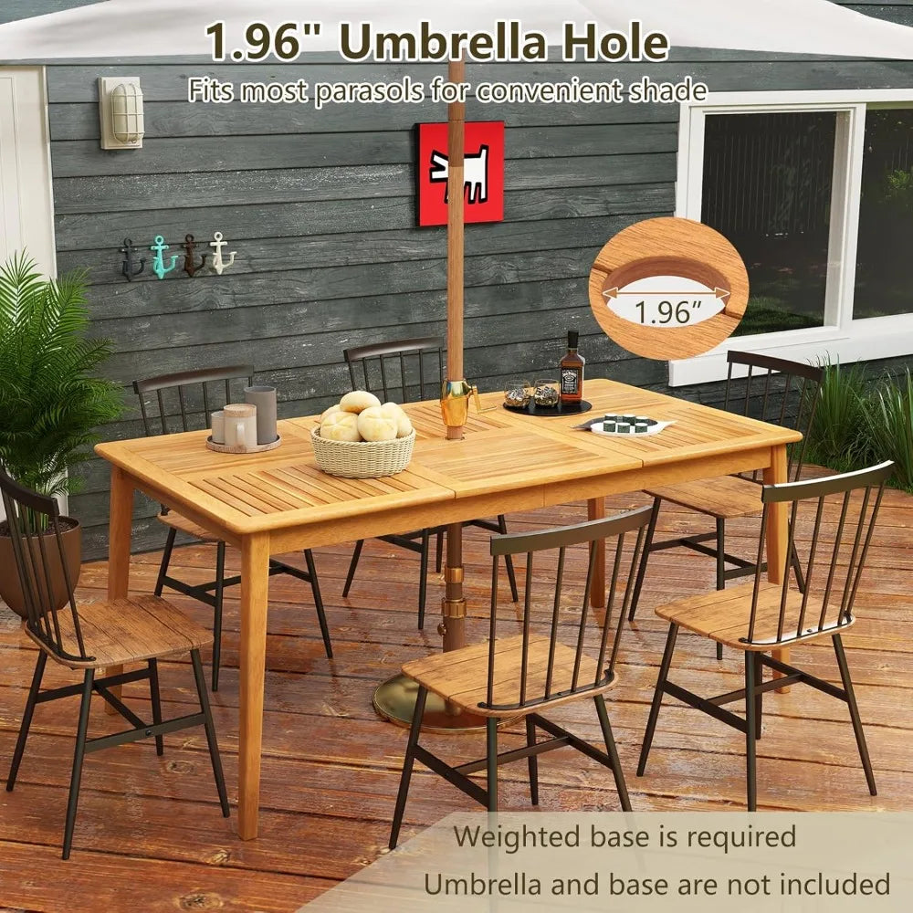 Wooden Outdoor Dining Table for 6, 67 x 35 Rectangular Acacia Wood Slatted Patio Table w/Umbrella Hole