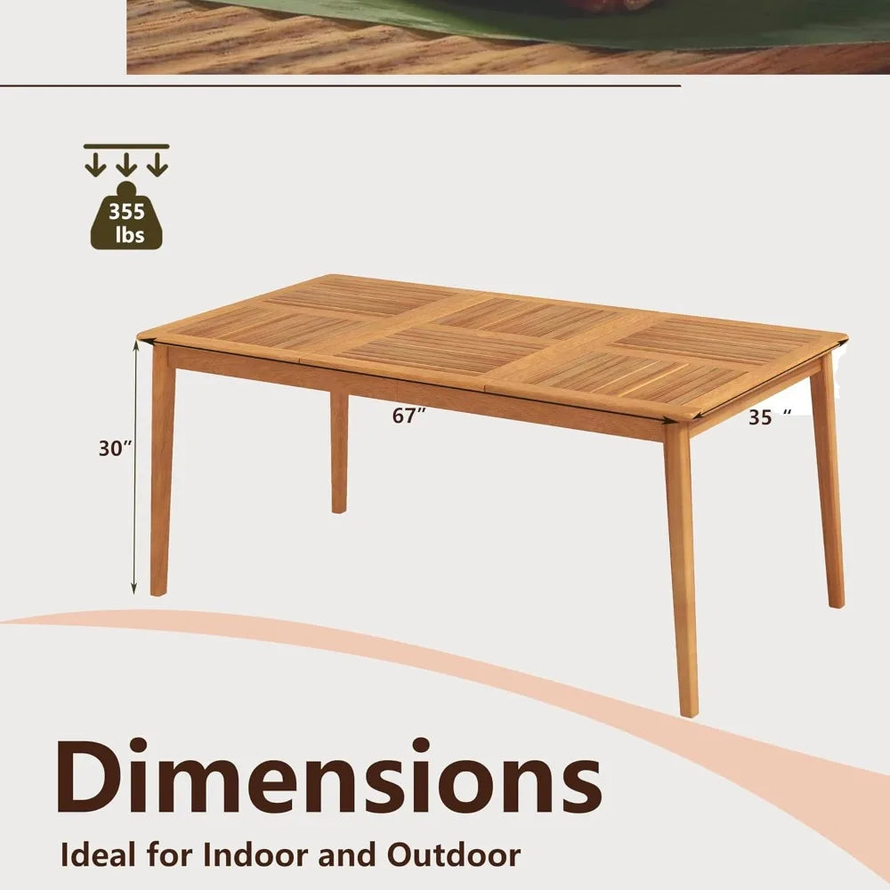 Wooden Outdoor Dining Table for 6, 67 x 35 Rectangular Acacia Wood Slatted Patio Table w/Umbrella Hole