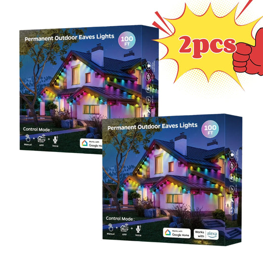 2pcs 100ft Roof Light - 72 RGB+IC LEDs, IP67 Waterproof, Smart Color Control, Christmas Outdoor Decor