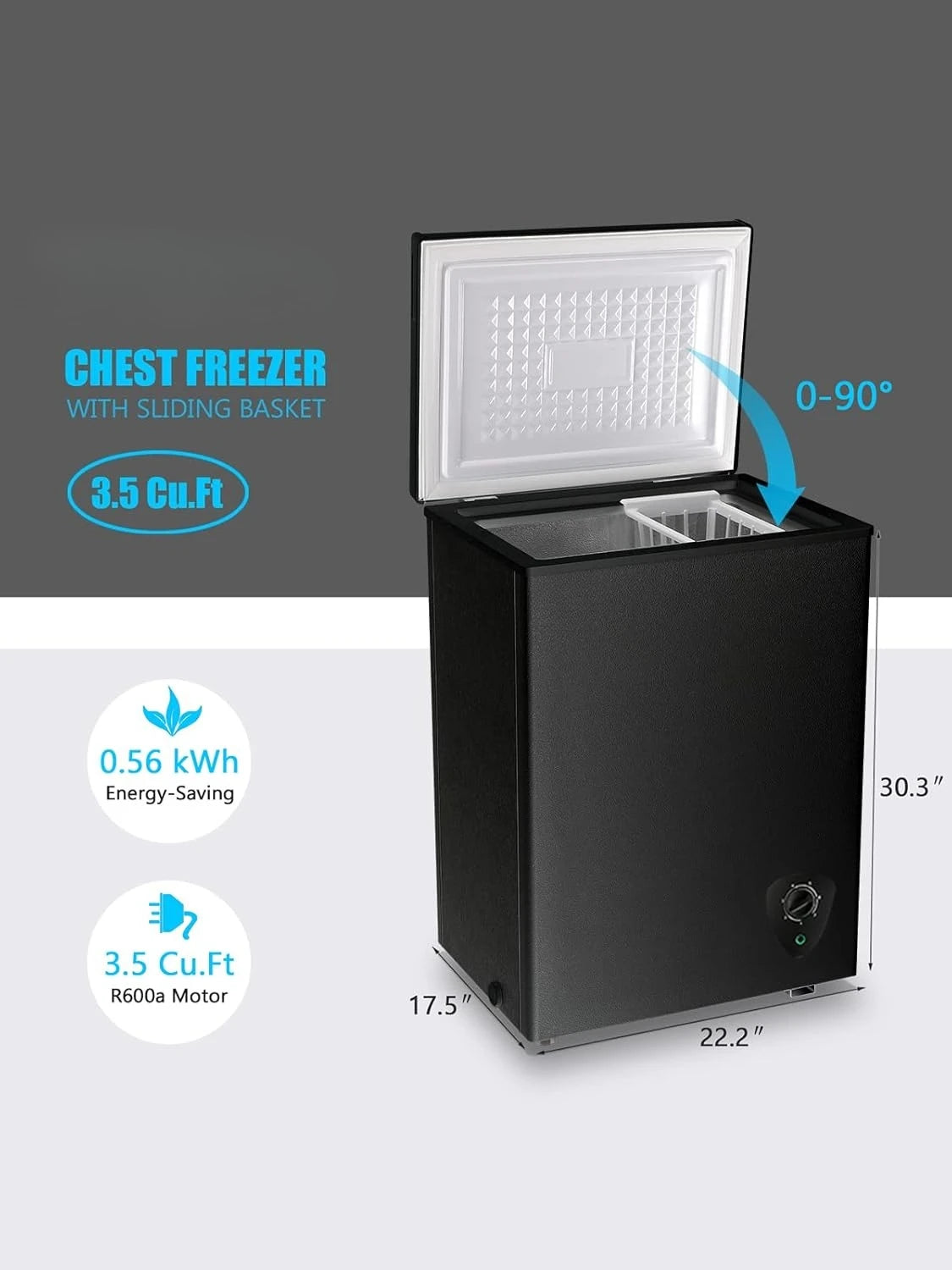 Small Freezer Black Deep Freezers 3.5 Cu.Ft Compact Free-Standing Top Door Adjustable 7 Thermostat and Removable Basket