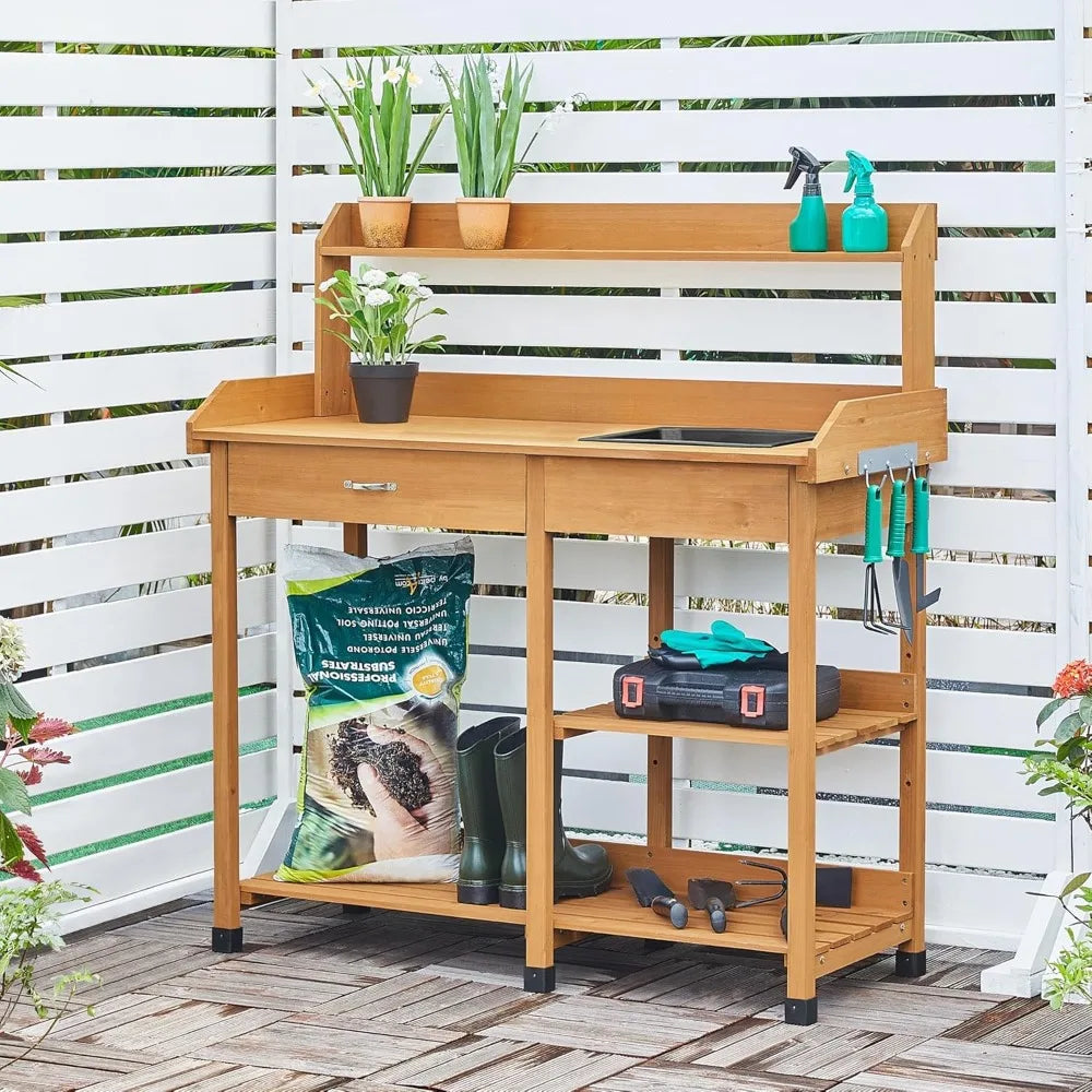 45.2 x 17.7 x 47.6'' Potting Benches Outdoor Garden Potting Table Work Bench with Removable Sink Drawer Rack Shelf