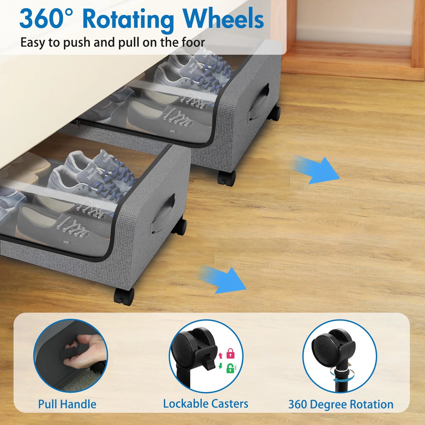 2-Pack Bed Storage Box with Wheels Large Capacity Rolling Storage Bin with Clear Window with Handles for Clothes, Toys, Shoes