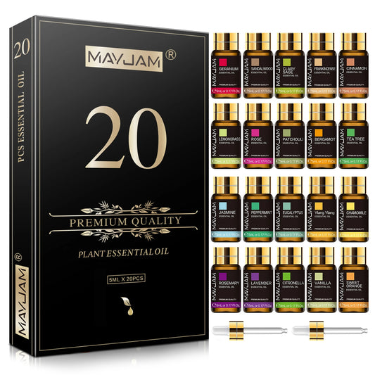 MAYJAM 20 Bottles Essential Oils Kit Set Lavender, Jasmine, Eucalyptus, Vanilla, Sandalwood, Sweet Orange, Geranium, Patchouli