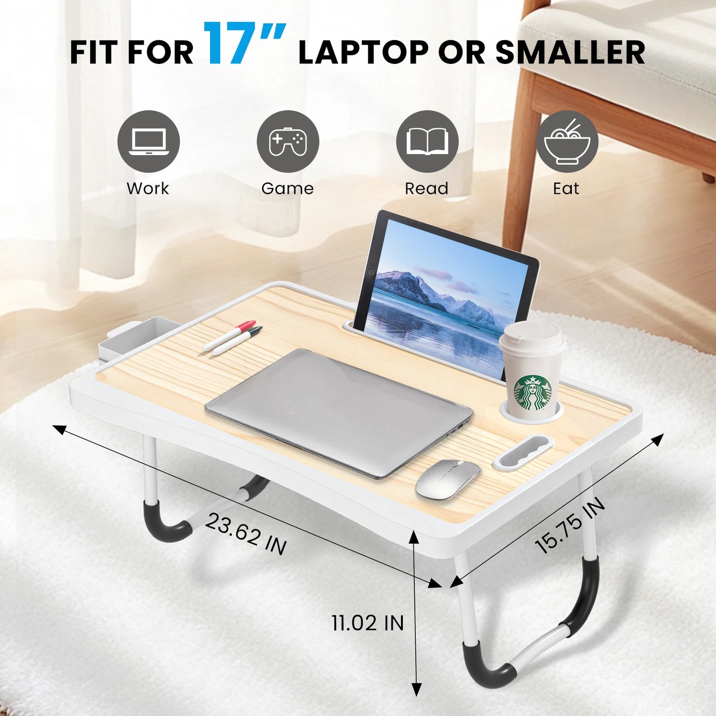 Extra-large multifunctional folding desk, portable multi-color wooden laptop bed desk with cup holder, suitable for work, reading