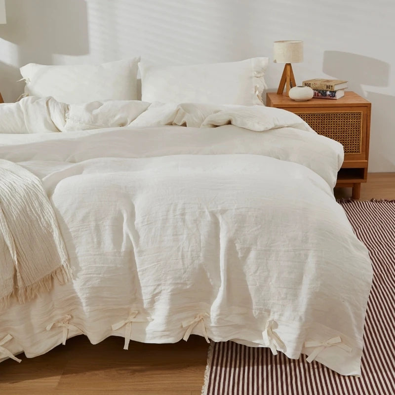 100% Linen Bedding Set,1 Duvet Cover with Tie Closure,2 Pillowcases,Fitted Sheet,Soft, Machine Washable,White