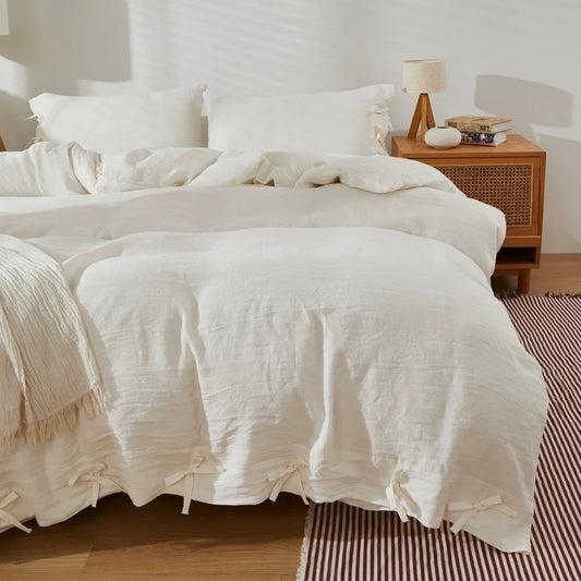 100% Linen Bedding Set,1 Duvet Cover with Tie Closure,2 Pillowcases,Fitted Sheet,Soft, Machine Washable,White