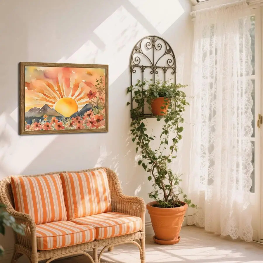 Sunset Boho Wall Art for Living Room Modern Abstract Floral Canvas Picture Boho Wall Decor, Sun Landscape Aesthetic Painting Pos