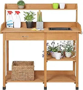45.2 x 17.7 x 47.6'' Potting Benches Outdoor Garden Potting Table Work Bench with Removable Sink Drawer Rack Shelf