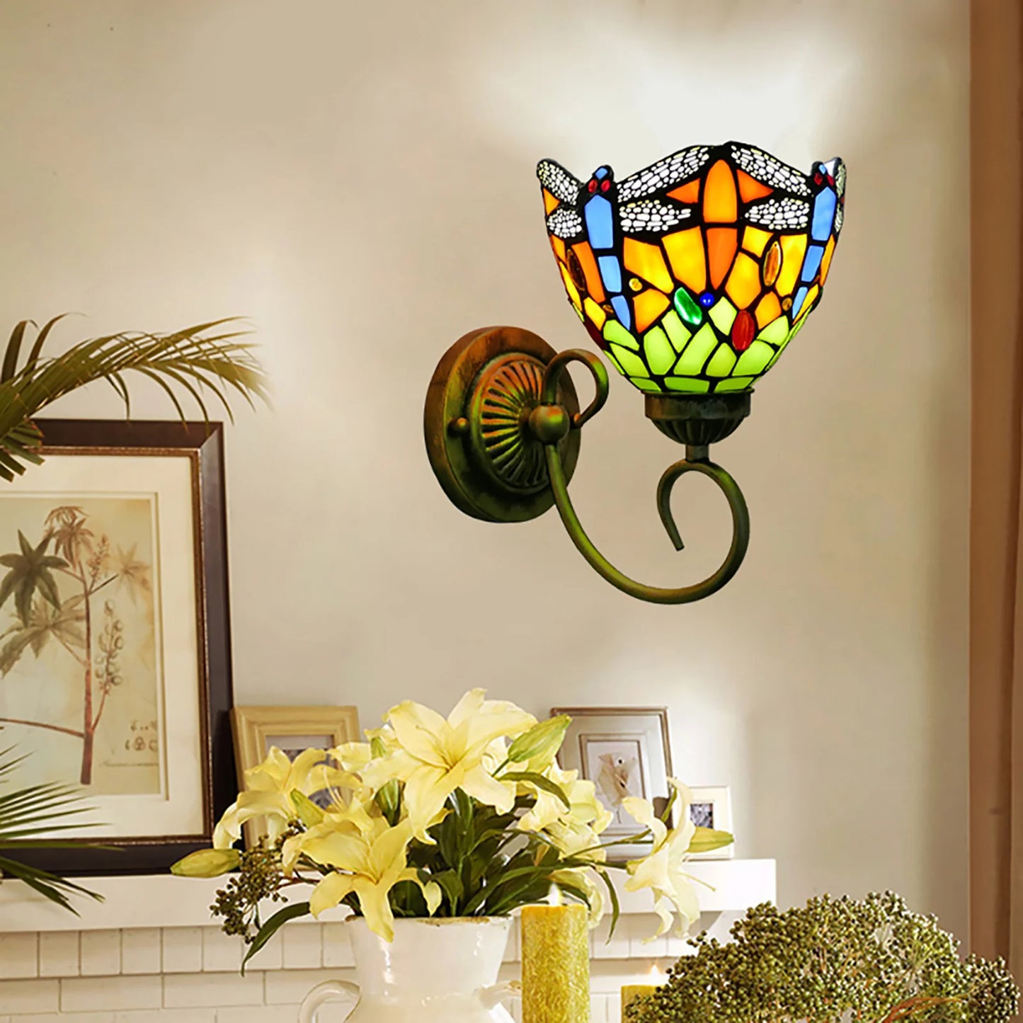 Stained Glass Wall Light, Retro Dragonfly Design With E27 Bulb Holder, Iron & Multicolor Glass Sconce For Bedroom