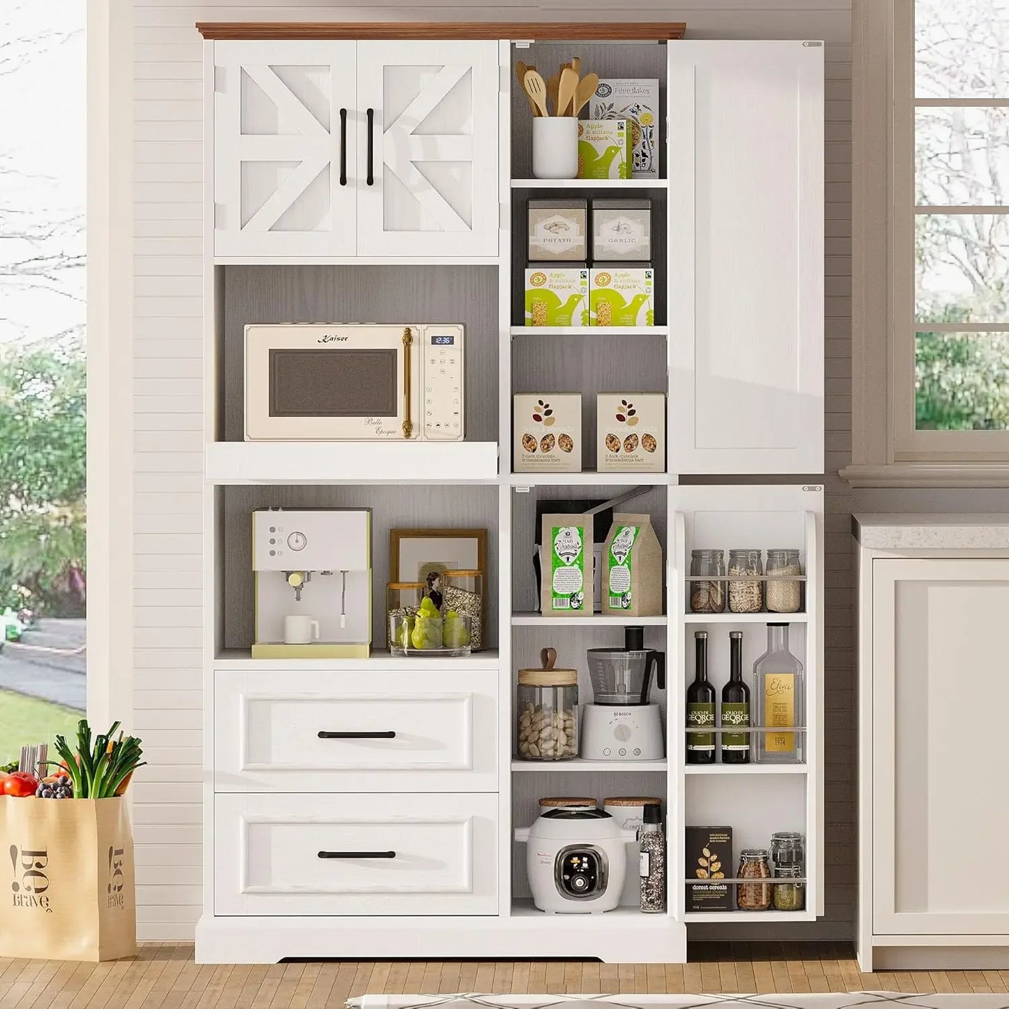 Bestseller Farmhouse Kitchen Pantry Cabinet, Kitchen Hutch with Microwave Stand, Tall Food Pantry Cabinet with Storage Drawers