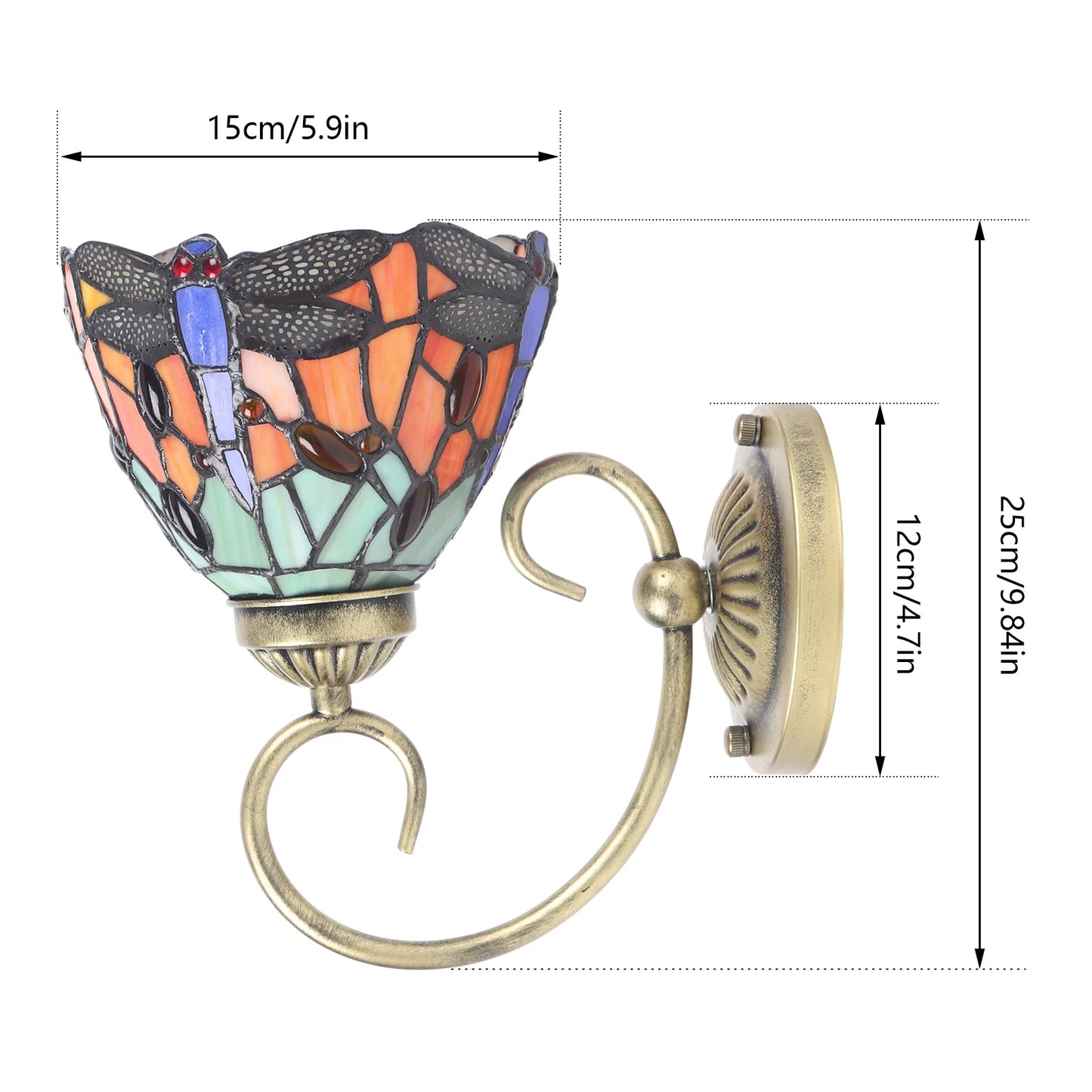 Stained Glass Wall Light, Retro Dragonfly Design With E27 Bulb Holder, Iron & Multicolor Glass Sconce For Bedroom