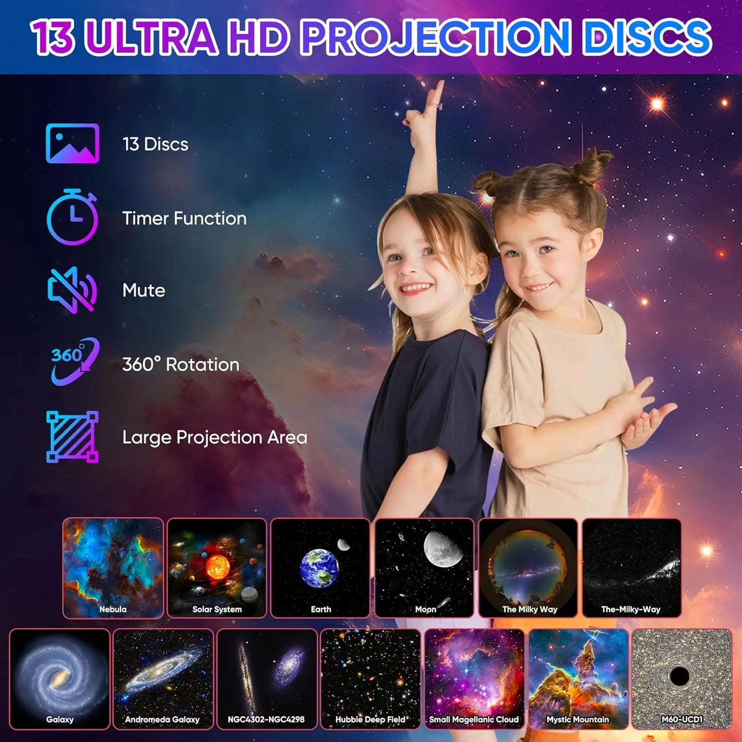 13 In 1 Galaxy Ultra Star Projector HD Image Area, LED Night Light, 13 Film Discs,360° Rotate 1/2h Timer for Kids&Adults Bedroom