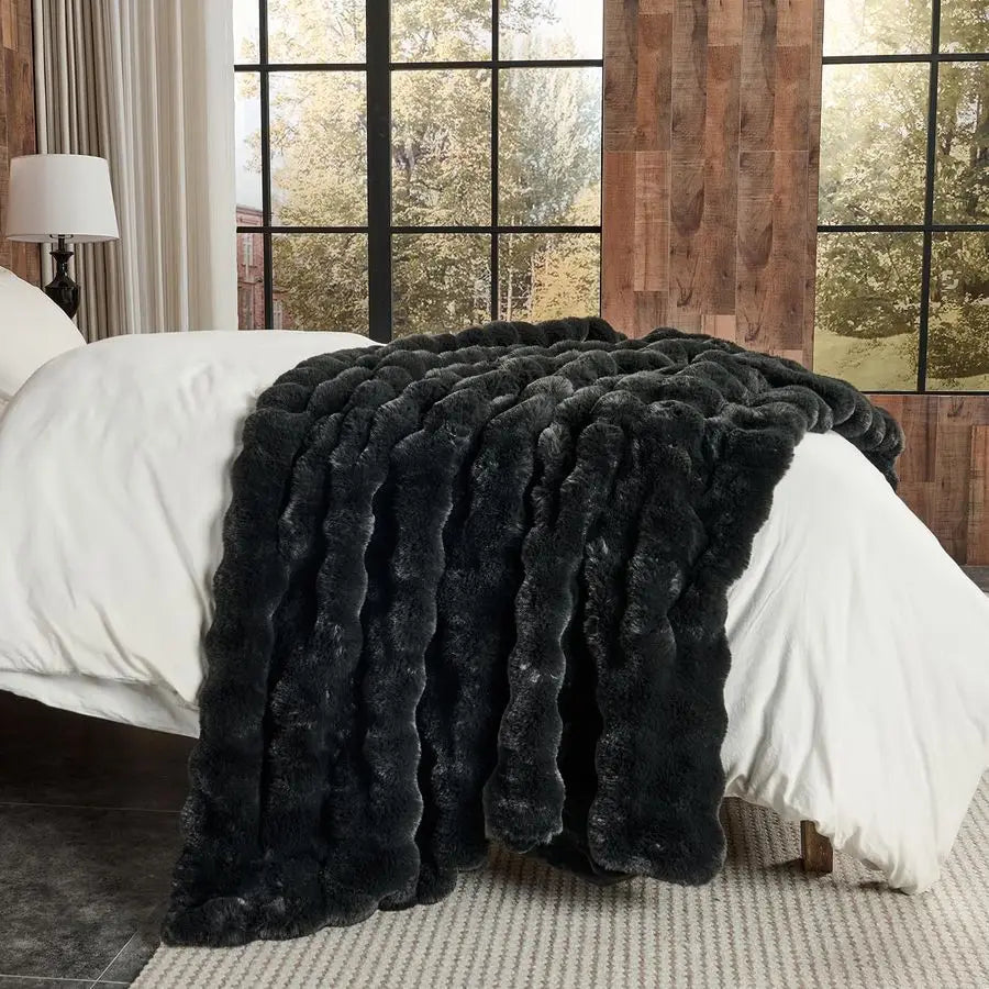 Faux Fur Throw Blanket Black Big Bubble Rabbit Fluff Blanket for Couch, Small Fluffy Fuzzy Cozy Blanket, Thick Furry Plush Shagg