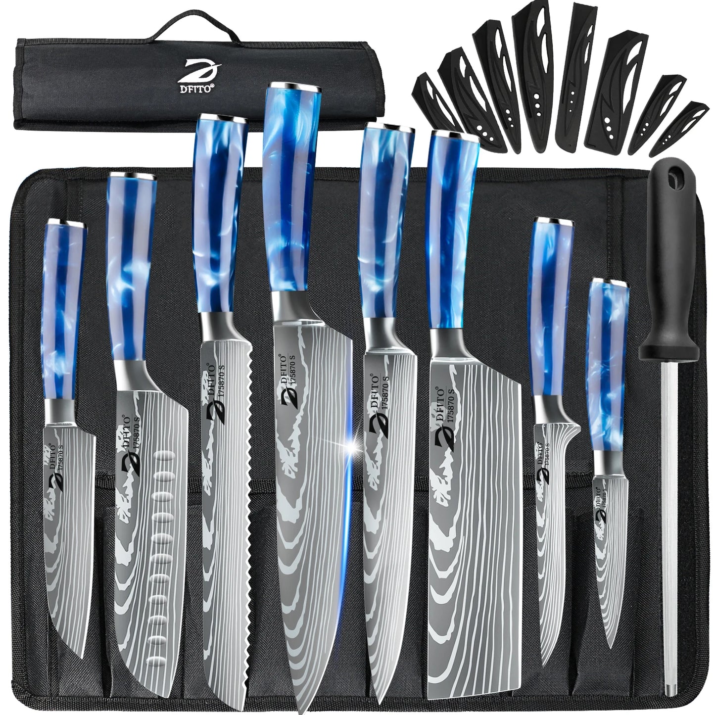 ZENG 8PCS Chef Knife Kitchen Knives Set Utility Boning Knife Cleaver Meat Fruit Bread Knife Japanese Santoku Knife with Cover