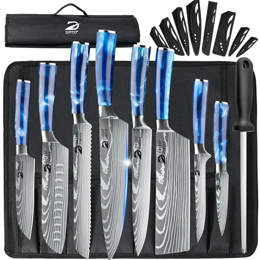 ZENG 8PCS Chef Knife Kitchen Knives Set Utility Boning Knife Cleaver Meat Fruit Bread Knife Japanese Santoku Knife with Cover