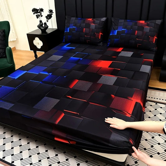 3pcs Cool Technology Digital Printing Material Plaid Fitted Sheet(1pc Bed Sheet+2pcs Pillowcase No Filling) Deep Pocket In 15 In