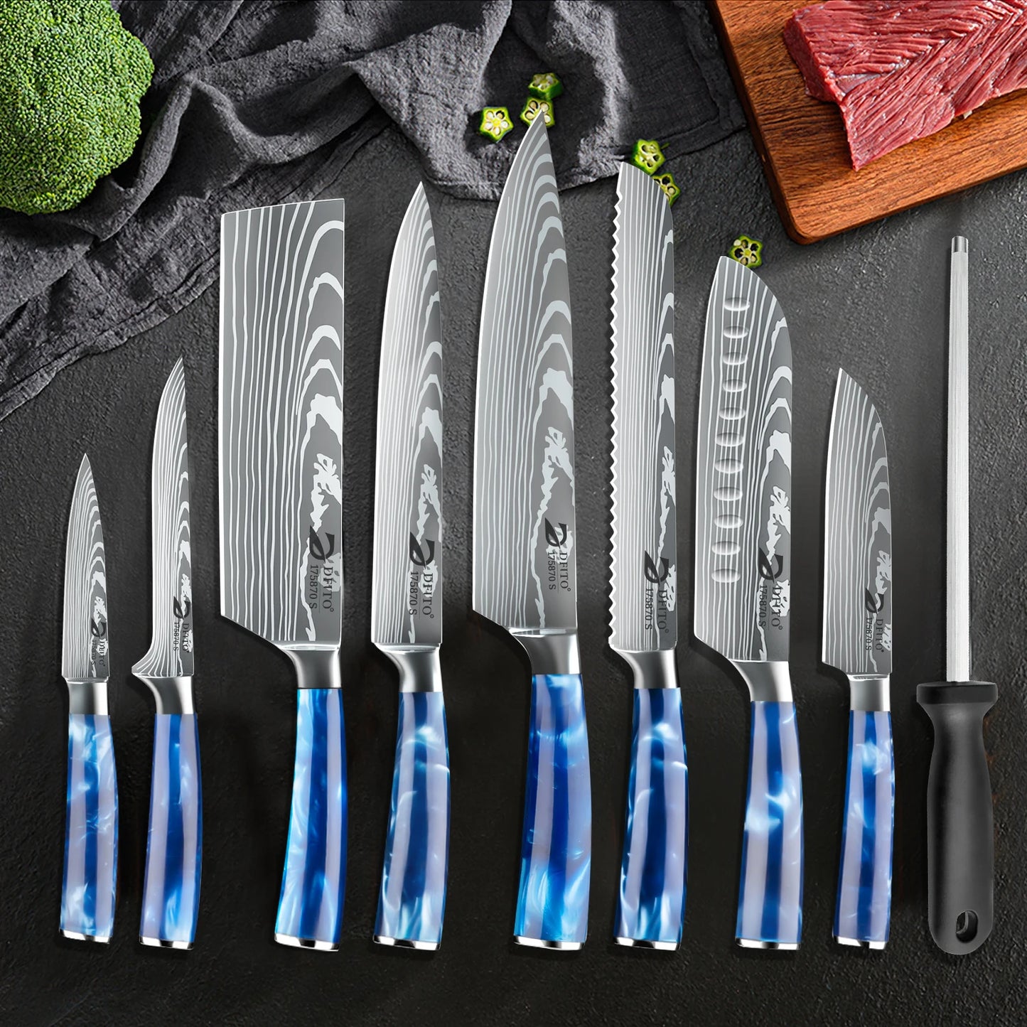 ZENG 8PCS Chef Knife Kitchen Knives Set Utility Boning Knife Cleaver Meat Fruit Bread Knife Japanese Santoku Knife with Cover